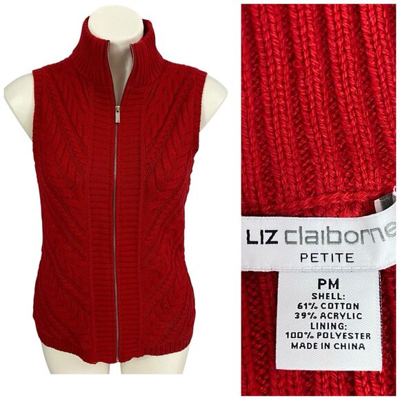 Liz Claiborne Sweater Vest Womens PM Red Full Zip Cable Knit Nautical Holiday - Picture 1 of 11